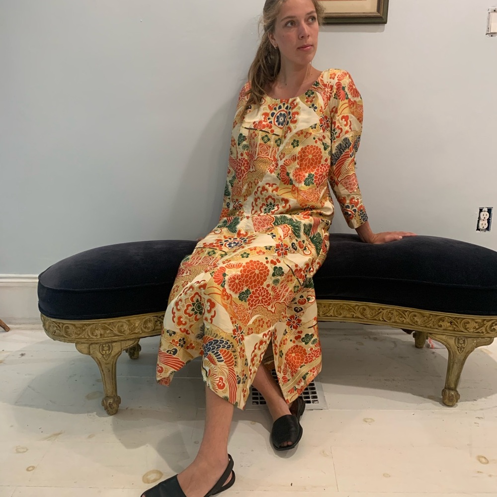 Vintage Asian Metallic Obi Brocade Handmade Embroidered Dress